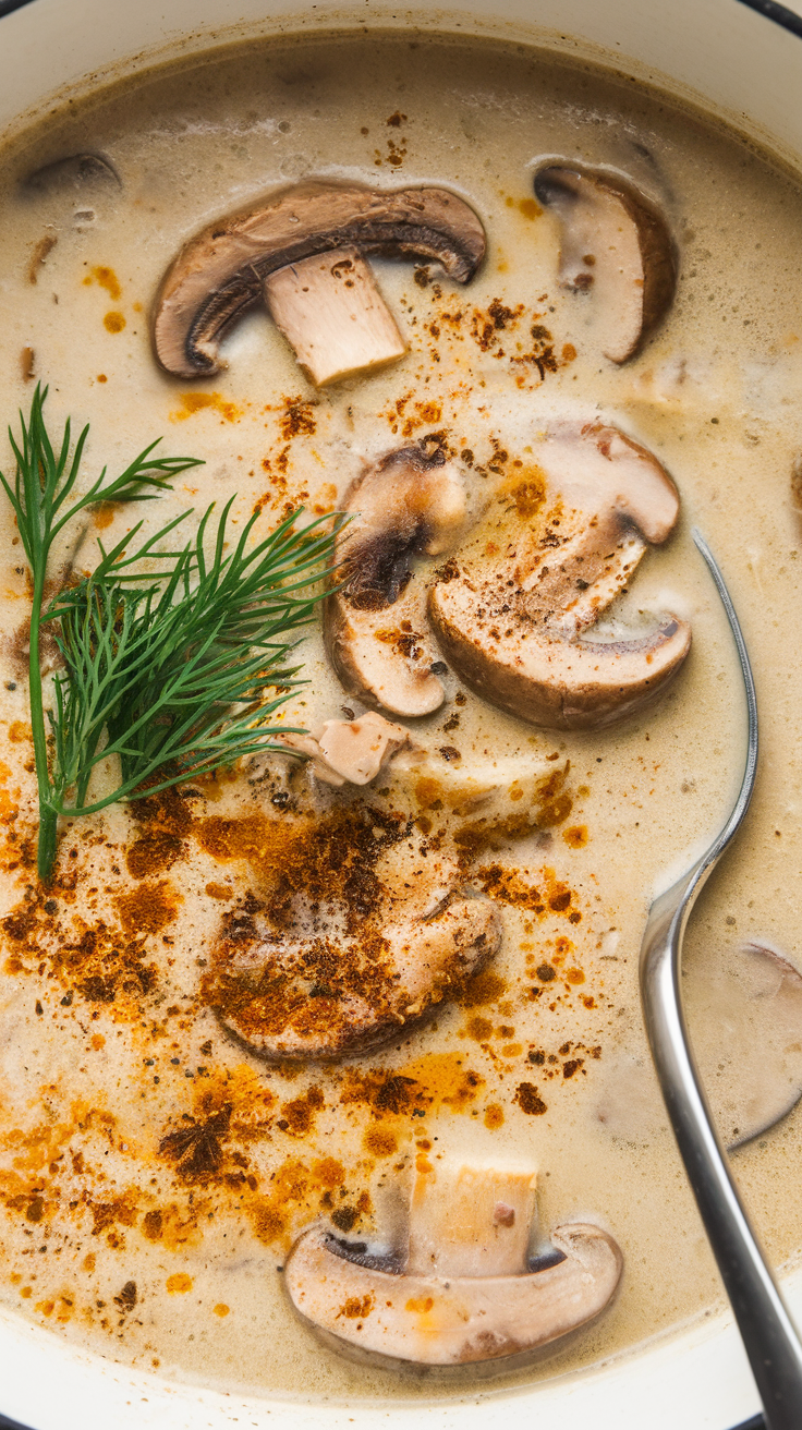 A bowl of creamy vegan mushroom stroganoff soup topped with sliced mushrooms and herbs.