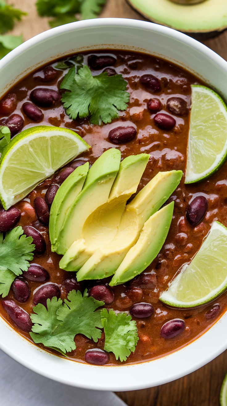 A bowl of spicy vegan black bean soup topped with avocado, lime, and cilantro.