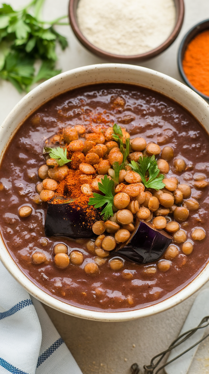 A bowl of smoky vegan eggplant and lentil soup with spices and herbs on top