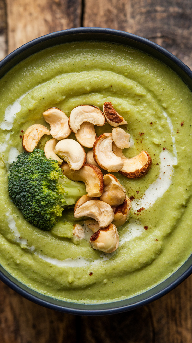 A bowl of creamy broccoli and cashew soup topped with roasted cashews and a piece of broccoli.