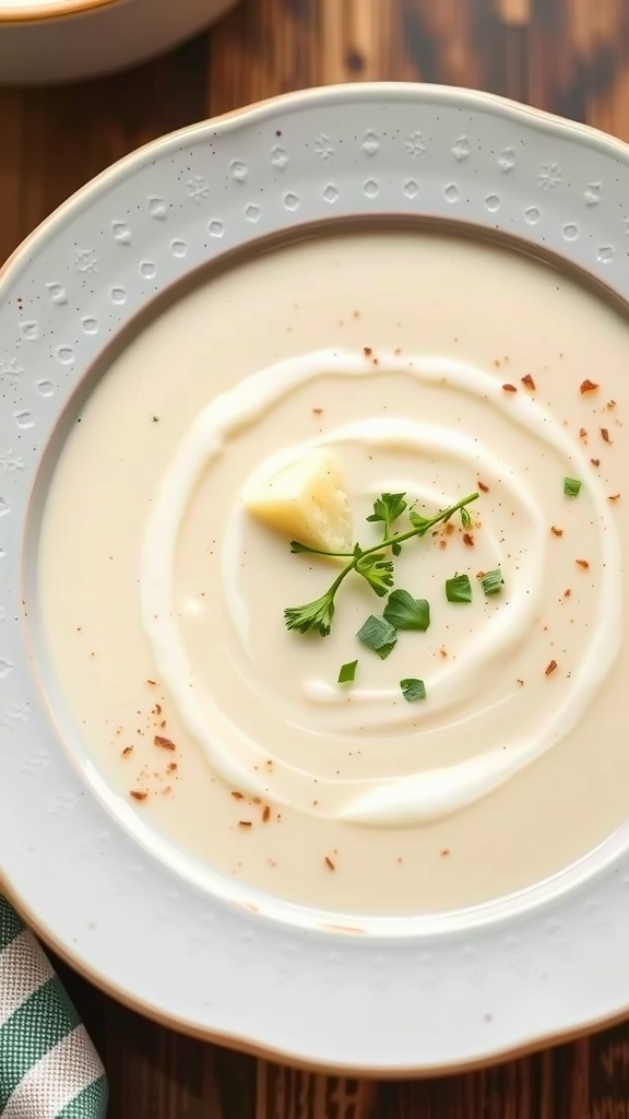 A bowl of creamy cauliflower soup topped with a swirl of cream, herbs, and a piece of butter.