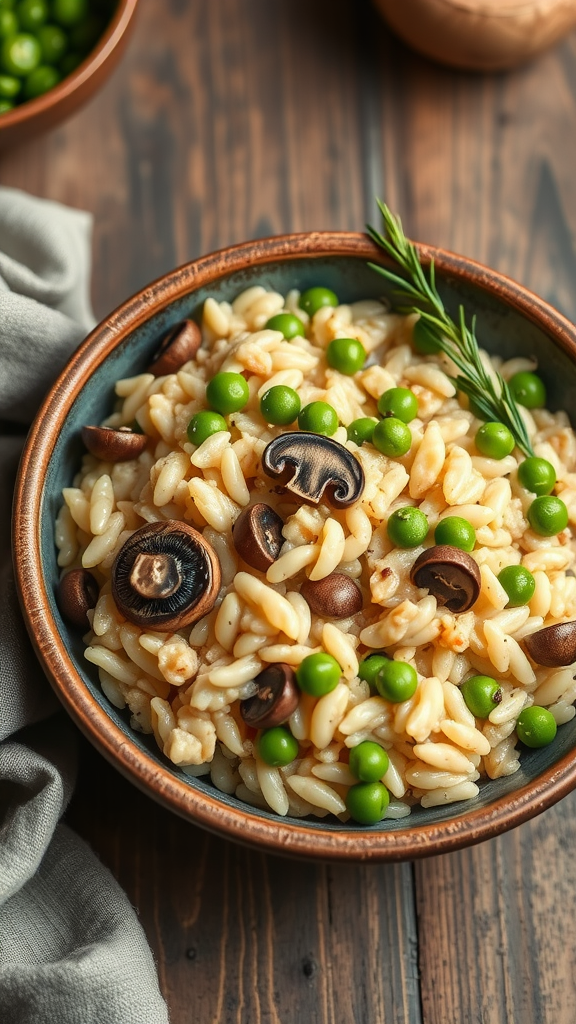 A bowl of mushroom risotto with peas, garnished with mushrooms and green peas.