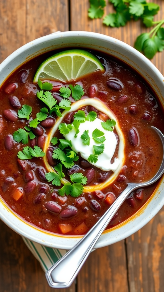 A delicious black bean soup garnished with cilantro and sour cream, served with a lime wedge on a wooden table.