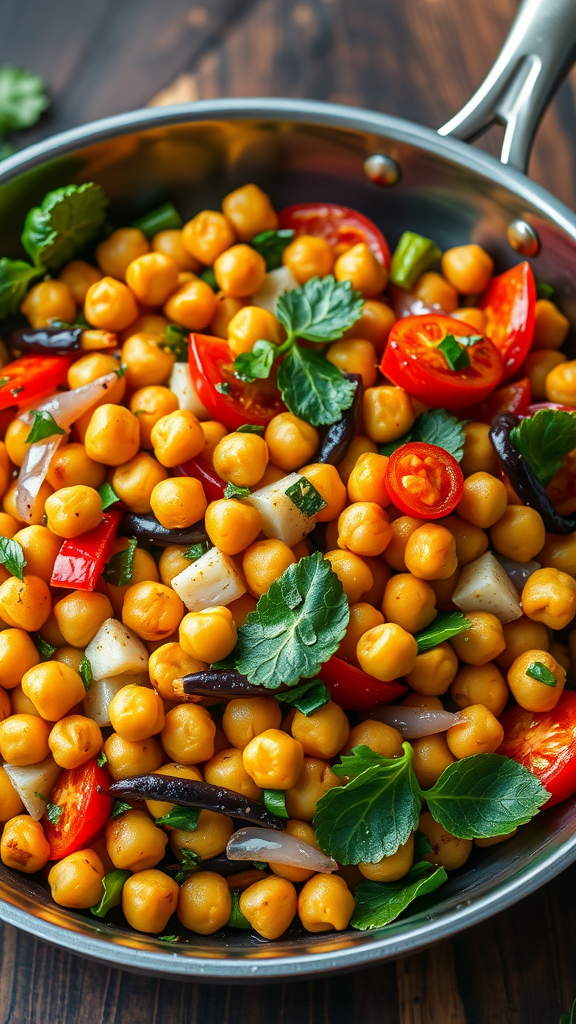 A vibrant chickpea stir-fry with vegetables in a silver pan