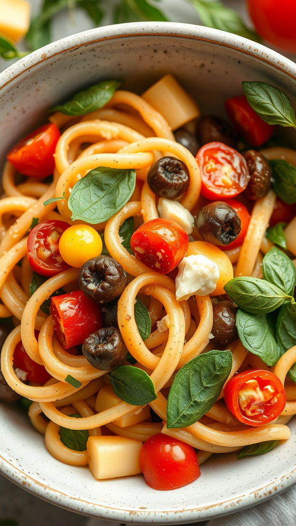 A bowl of pasta primavera featuring noodles, cherry tomatoes, olives, and fresh basil.