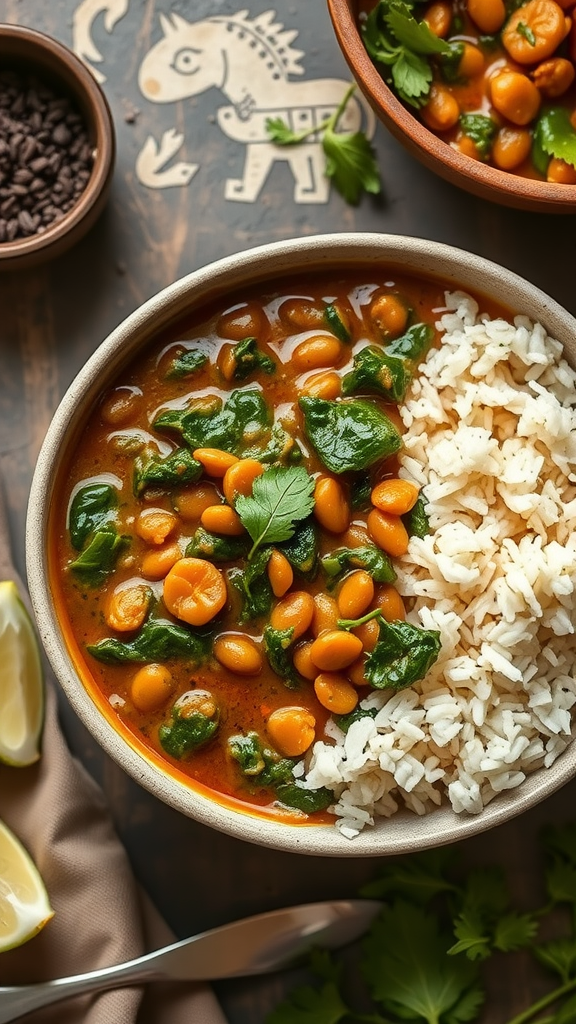 A bowl of lentil and spinach curry served with rice, garnished with cilantro, on a wooden table.