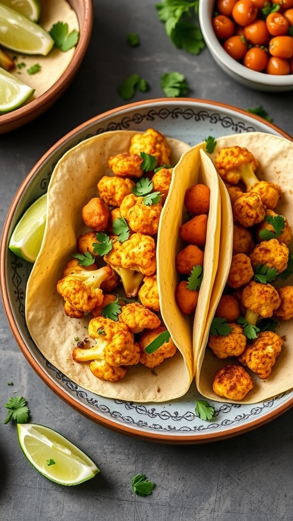 Cauliflower and chickpea tacos served with lime and garnished with cilantro.