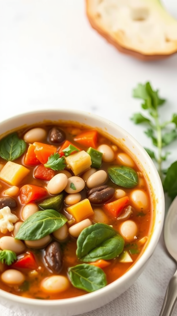 Bowl of minestrone soup filled with beans, cheese, and fresh spinach.