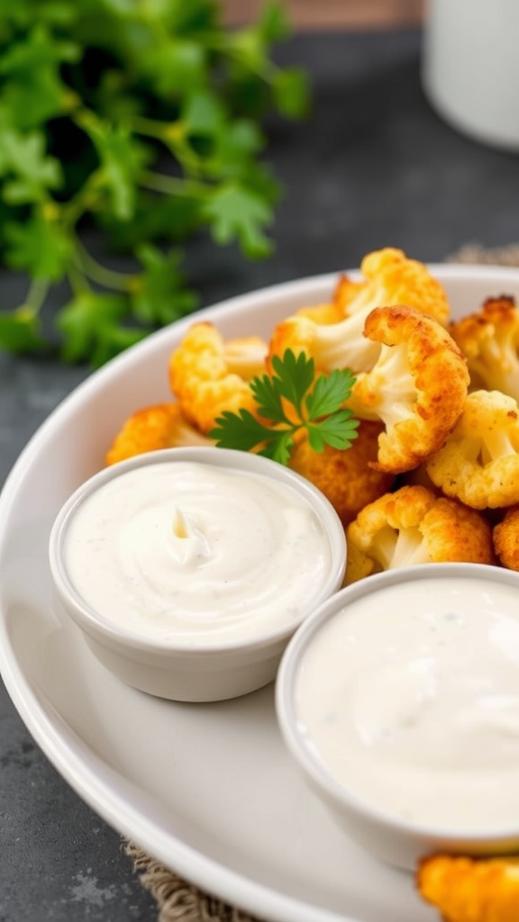 Plate of crispy cauliflower bites with two small bowls of sauce and fresh parsley.