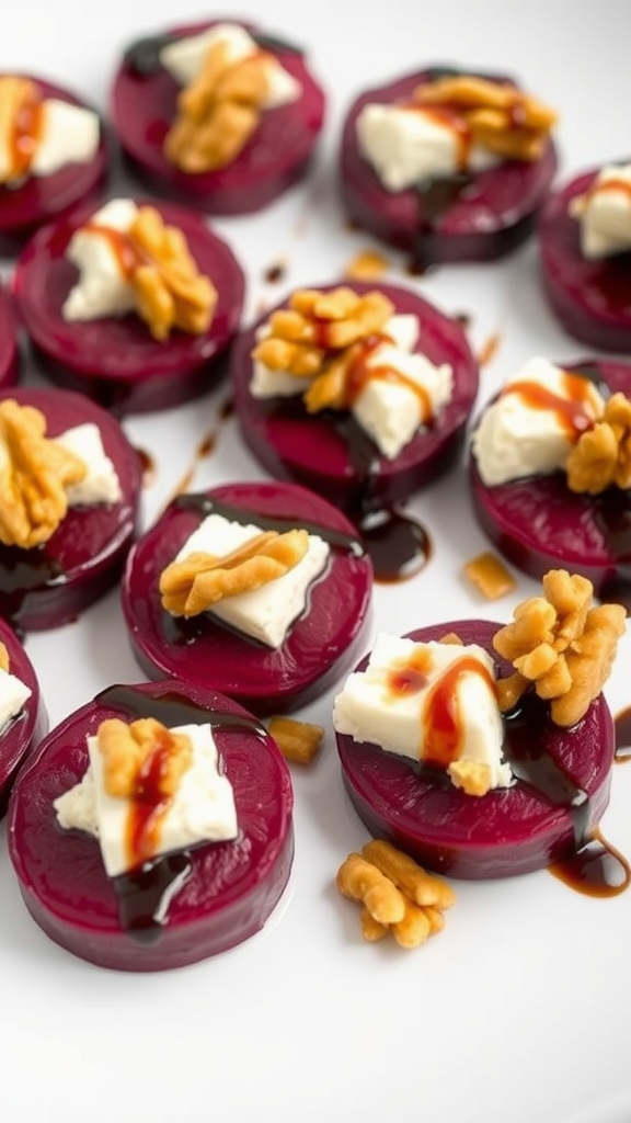 A plate of roasted beet and goat cheese bites topped with walnuts.