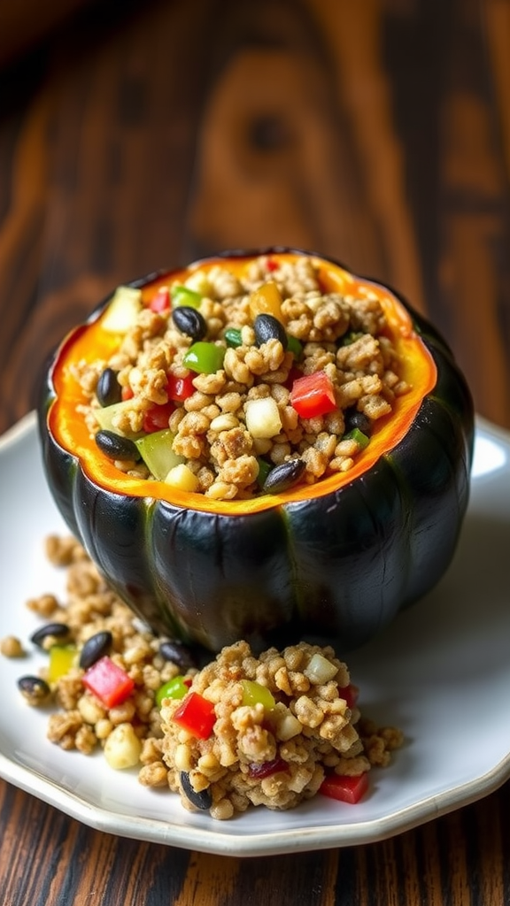 A beautifully stuffed acorn squash filled with grains and colorful vegetables.