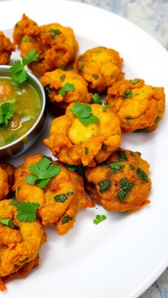 A plate of golden vegetable pakoras garnished with cilantro, served with green chutney.