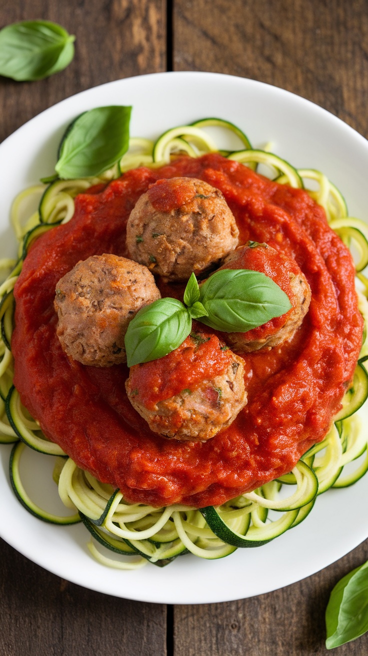 Delicious turkey meatballs in marinara sauce over zucchini noodles, garnished with fresh basil.