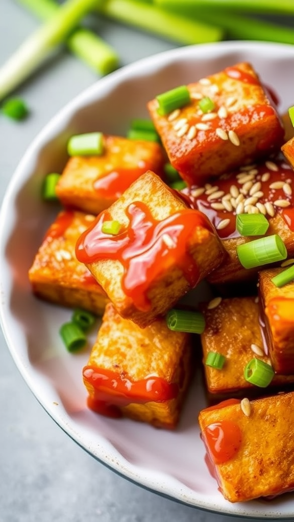 A bowl of crispy tofu bites drizzled with sauce and garnished with green onions.