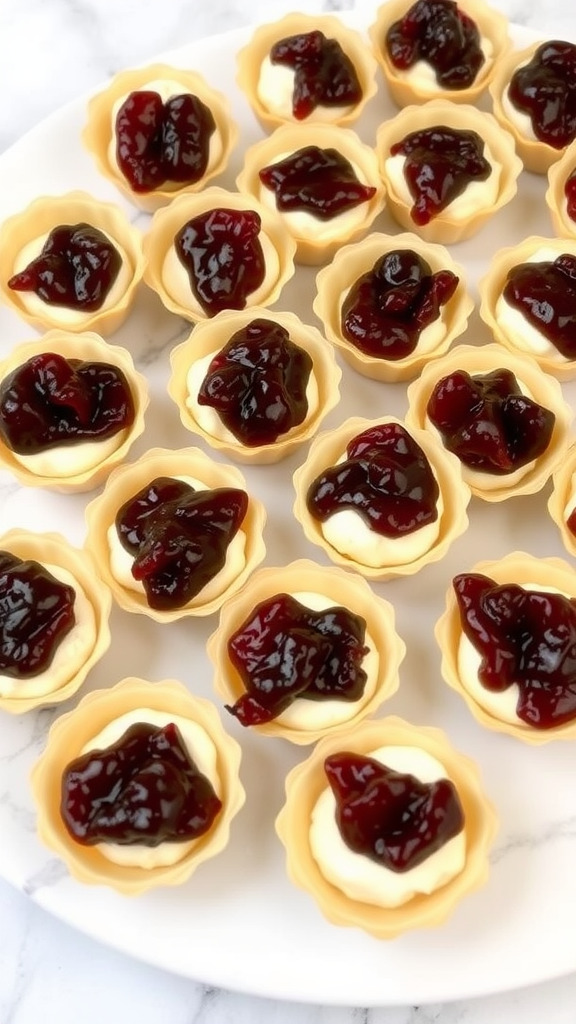 A platter of fig and brie phyllo cups topped with berry preserves.