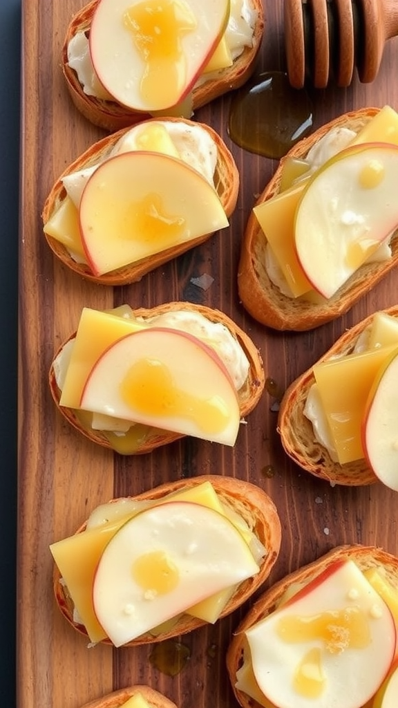 Delicious apple and cheddar crostini topped with honey on a wooden platter.