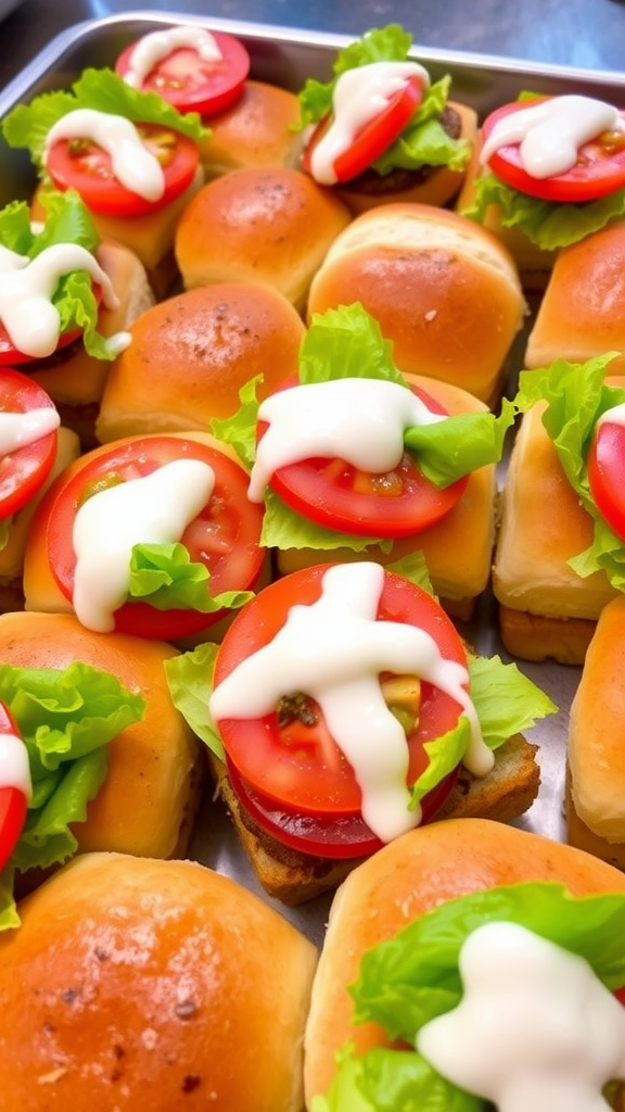 A close-up of vegetarian sliders with lettuce, tomato, and mayonnaise on a wooden surface.