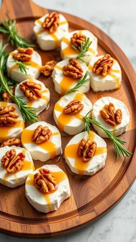 A platter of Honey Walnut Brie Bites drizzled with honey and topped with walnuts.