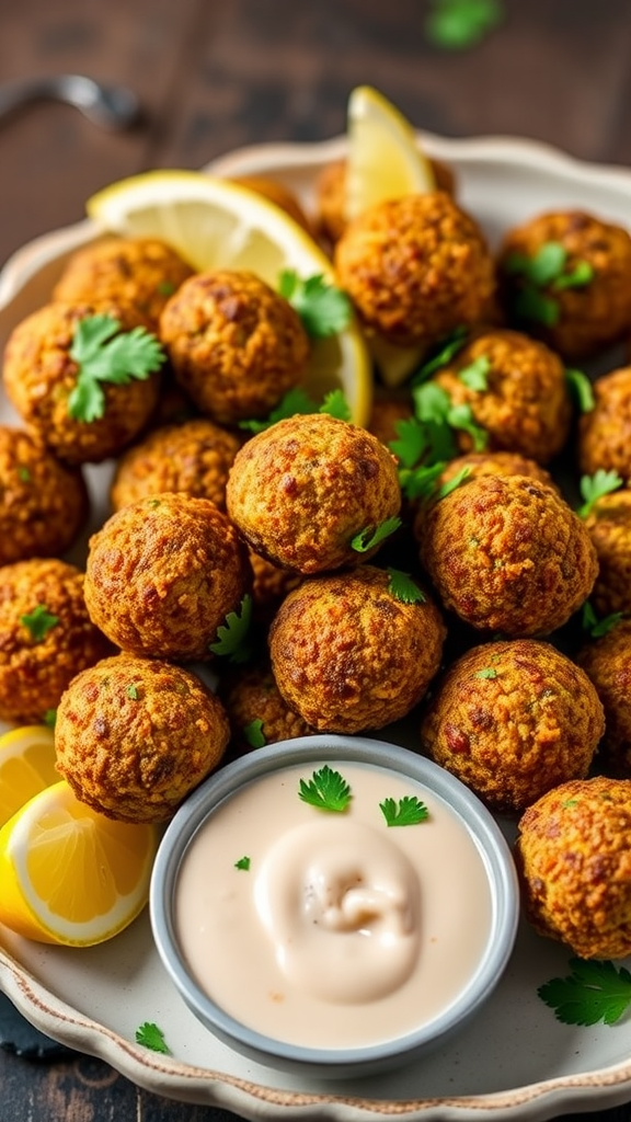 A plate of golden-brown falafel balls with lemon slices and a creamy sauce.