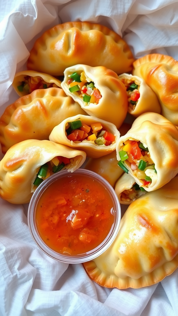 A collection of vegetarian empanadas with a dipping sauce