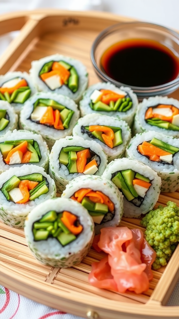 A platter of colorful vegetarian sushi rolls with dipping sauce and ginger.