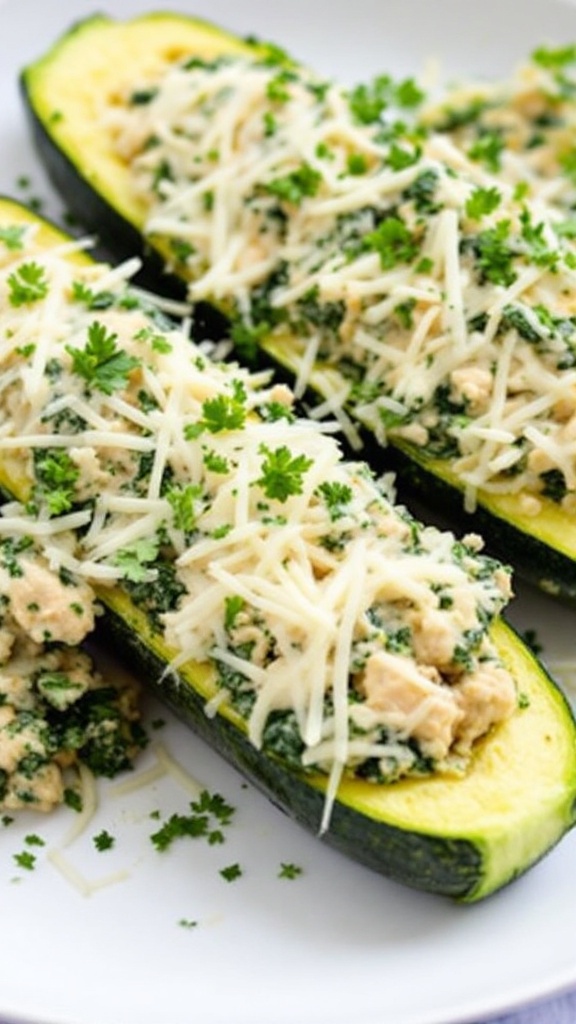 Ground turkey and spinach stuffed zucchini boats topped with cheese and herbs.