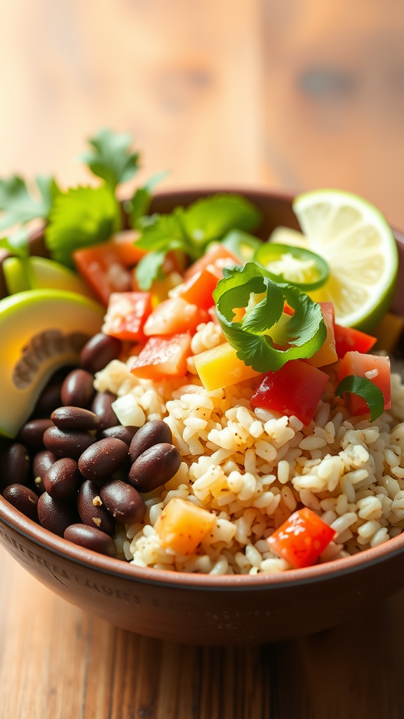 A vegan burrito bowl with rice, black beans, diced tomatoes, and garnished with lime and cilantro.