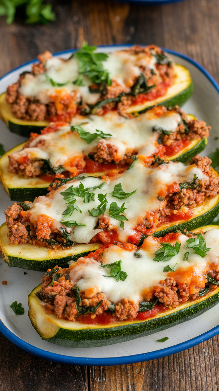 Ground Turkey and Spinach Stuffed Zucchini Boats on a serving platter. 