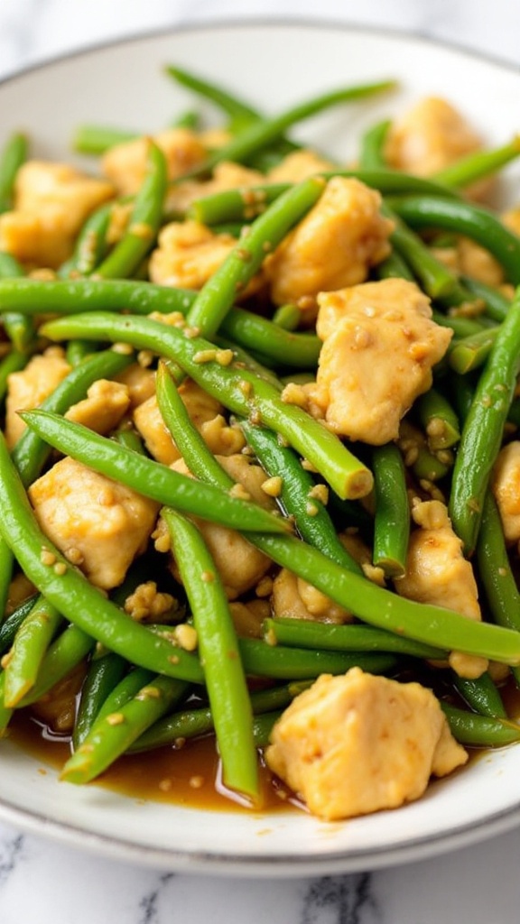 A plate of garlic ginger chicken with green beans, showcasing tender chicken chunks and vibrant green beans.