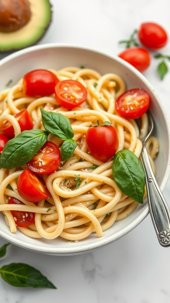 A bowl of creamy avocado pasta topped with cherry tomatoes and fresh basil.