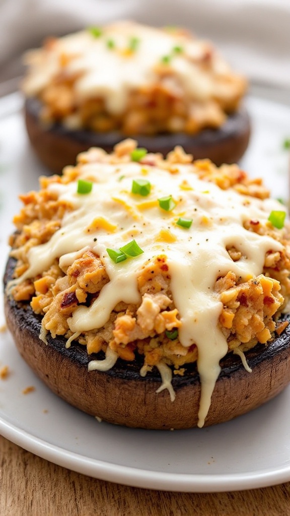 Delicious turkey stuffed portobello mushrooms topped with melted cheese and green onions.