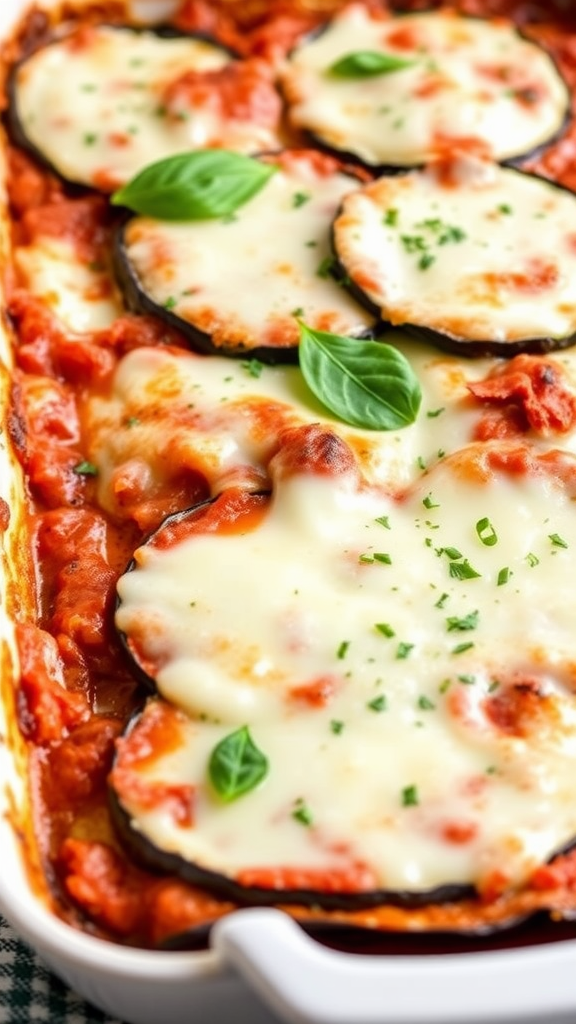 A delicious serving of Eggplant Parmesan topped with vegan cheese and fresh basil.