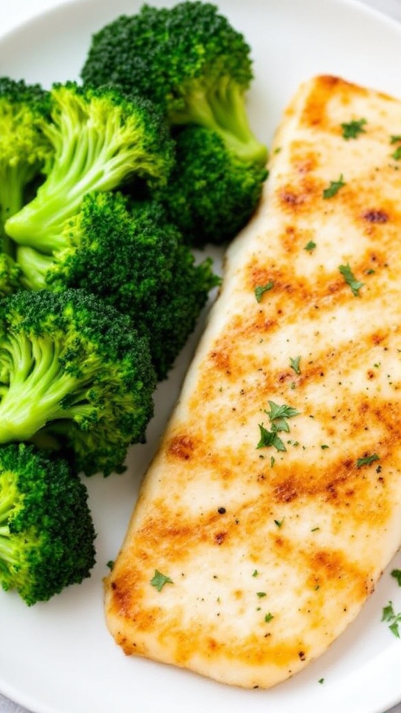 A plate of broiled tilapia fillet next to steamed broccoli.