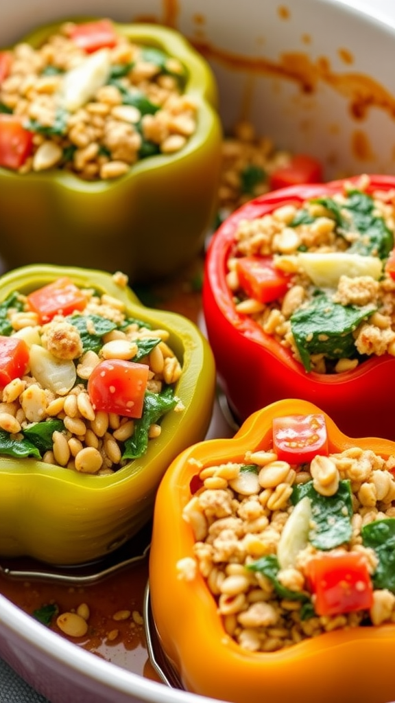 Colorful stuffed peppers filled with spinach, tomatoes, and topping in a baking dish.