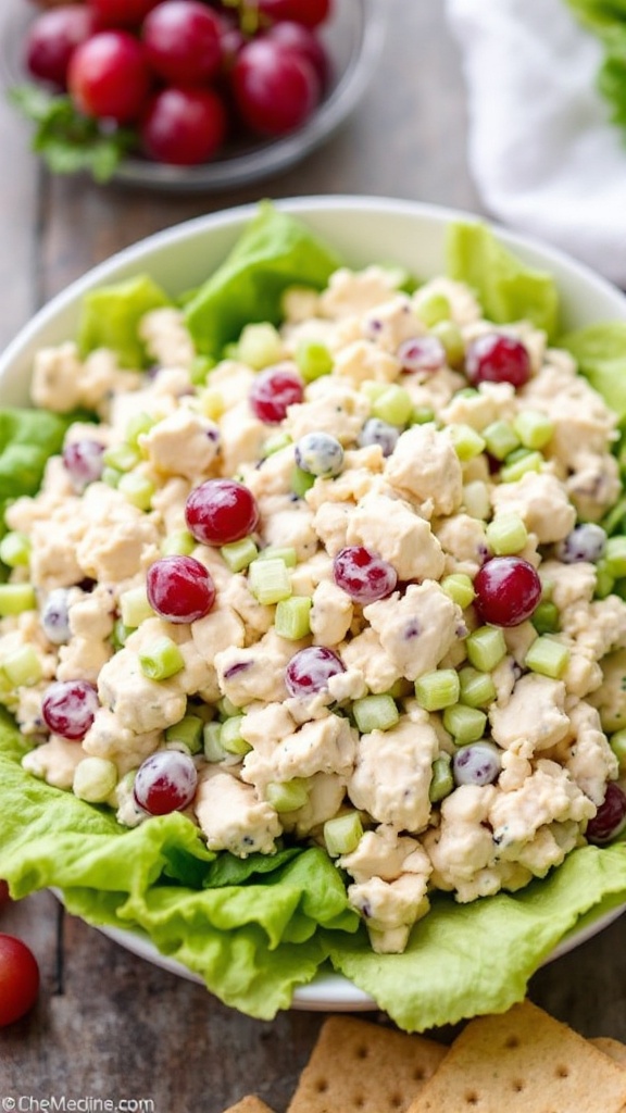 A bowl of Greek yogurt chicken salad with grapes and celery, served with crackers and lettuce.