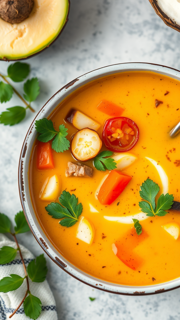 A bowl of coconut curry vegetable soup with colorful veggies and herbs on top.