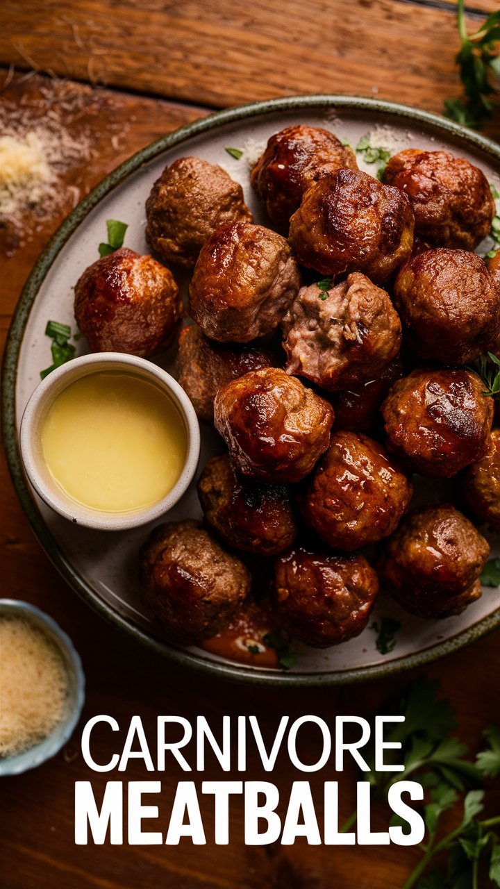 A plate of juicy Carnivore beef meatballs, golden brown and glistening with melted butter. The meatballs are arranged on a rustic serving dish, with a small bowl of melted butter for dipping on the side. The scene is set on a wooden table, surrounded by subtle garnishes like grated Parmesan and fresh herbs for optional flair, emphasizing the simple yet indulgent nature of the dish. 