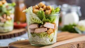 A jar brimming with a Chicken Caesar Salad features creamy dressing at the base, followed by crisp lettuce, diced grilled chicken, and topped with crunchy croutons. It rests on a wooden board with blurred ingredients softly in the backdrop.