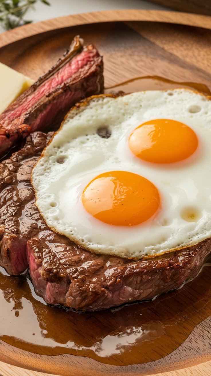 Steak and Eggs: Classic Carnivore Breakfast. A sizzling ribeye steak paired with sunny-side-up eggs, served on a wooden plate with butter melting into the dish.