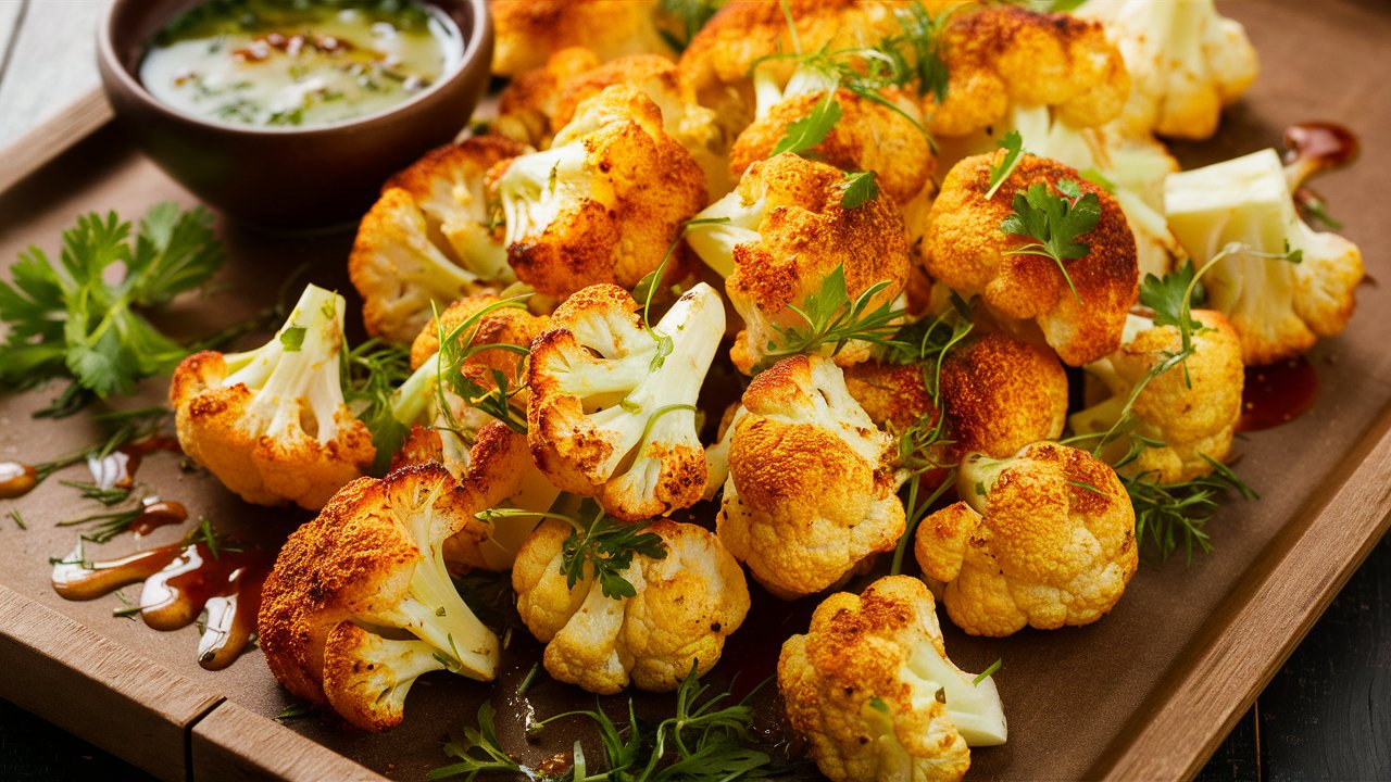 Roasted Cauliflower Bites, seasoned to perfection, are artfully arranged on a wooden platter and garnished with fresh cilantro. A small bowl of dipping sauce lingers in the background, ready to complement each flavorful bite.
