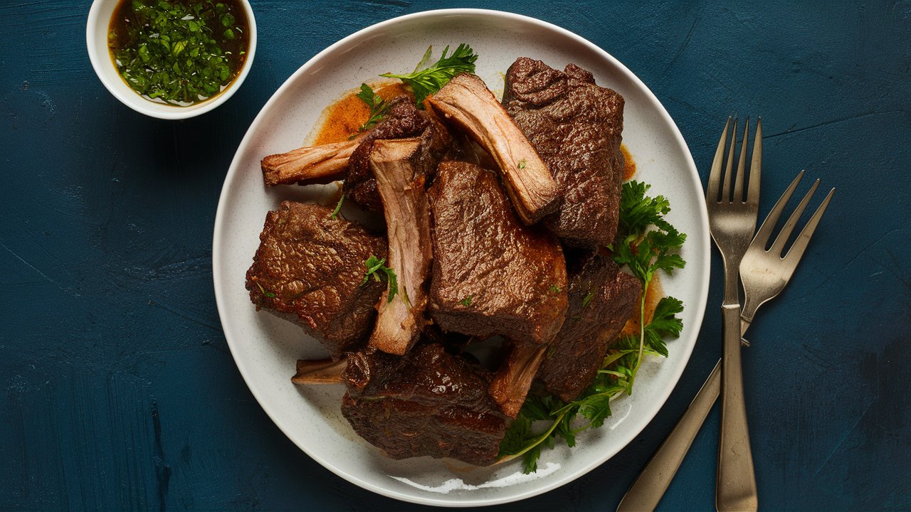 A plate of tender beef short ribs, beautifully braised and garnished with fresh parsley, is accompanied by a small bowl of green herb sauce. Two forks and a knife rest elegantly beside the plate on a dark blue surface.