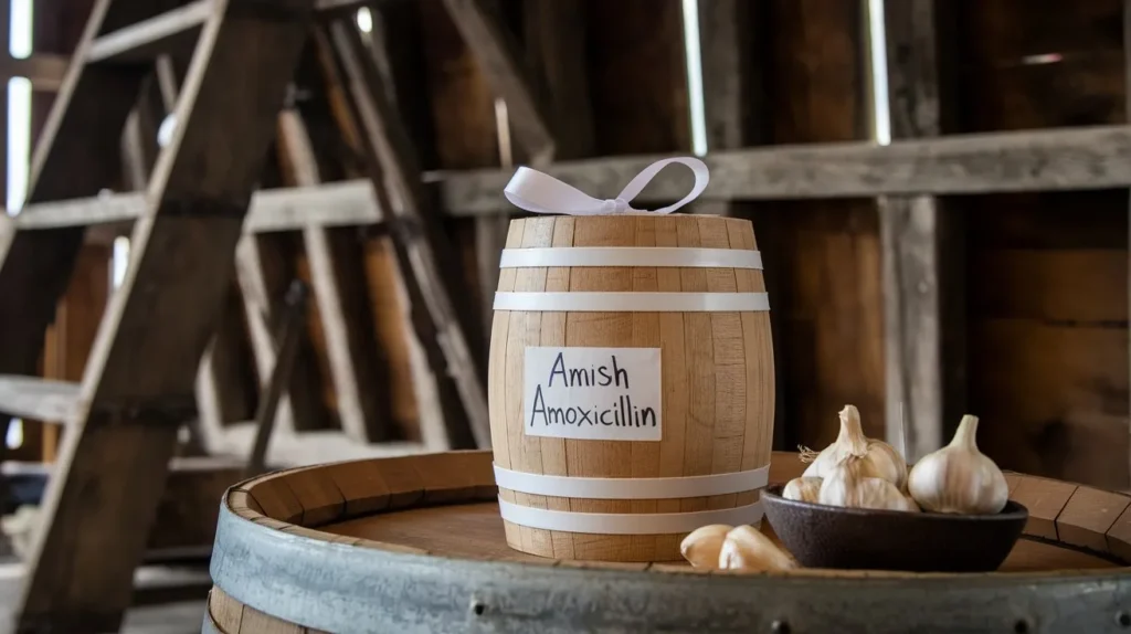 A barrel of Amish Amoxicillin in a barn.