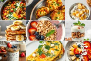 A collage of low calorie breakfast recipes and ideas