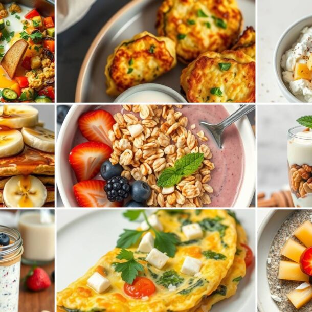 A collage of low calorie breakfast recipes and ideas