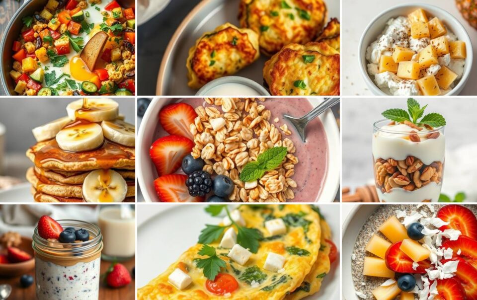 A collage of low calorie breakfast recipes and ideas