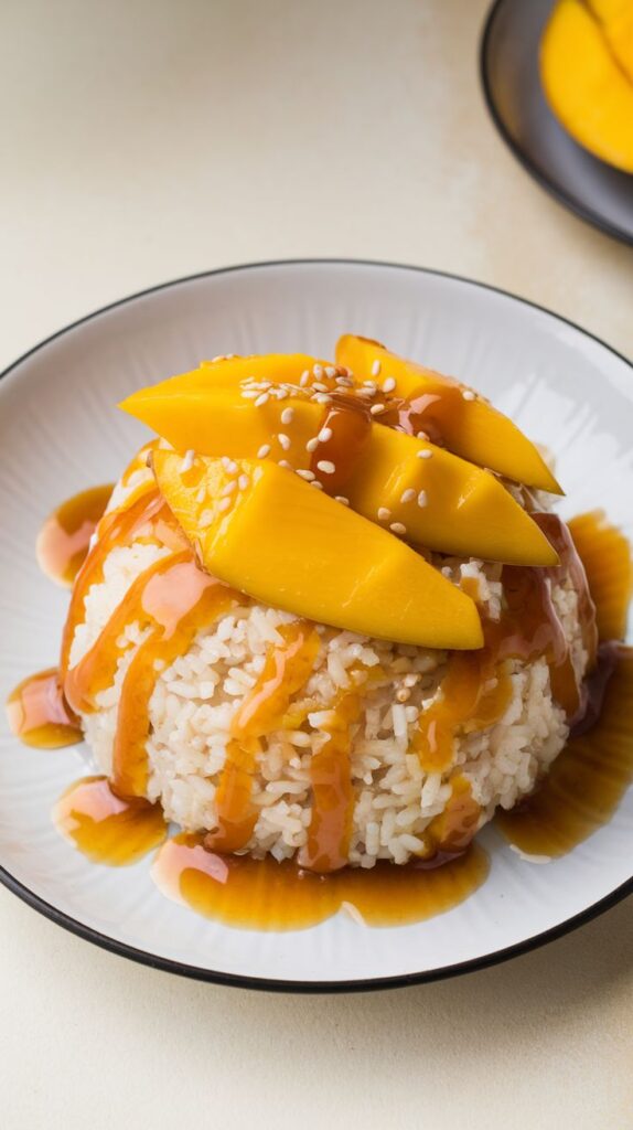 A white plate of sticky rice drizzled with glossy coconut sauce, topped with vibrant mango slices, garnished with sesame seeds. Vegan dessert recipe.