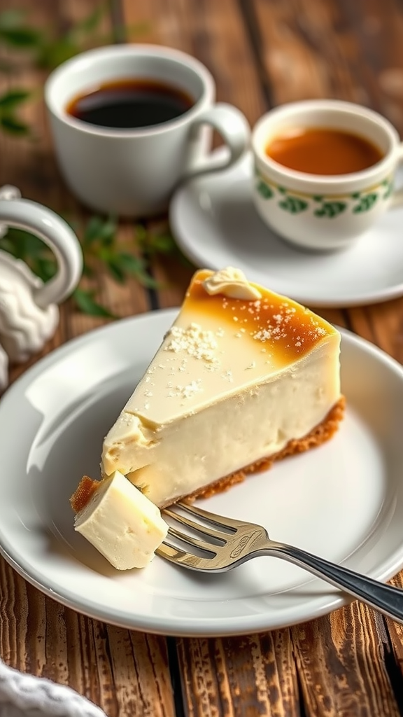 A slice of keto-friendly cheesecake on a plate with a fork, garnished with erythritol.