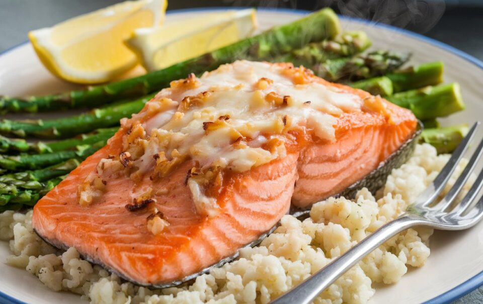 A plate of Garlic Parmesan Salmon topped with browned onions and melted cheese rests on a bed of mashed potatoes. Fresh asparagus and lemon wedges accompany the dish, with a fork placed nearby. Steam rises, hinting at its rich Omega-3 goodness.