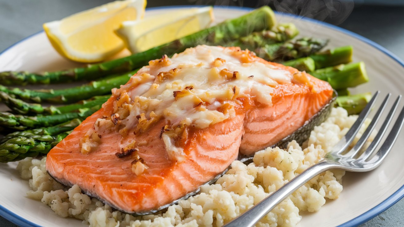 A plate of Garlic Parmesan Salmon topped with browned onions and melted cheese rests on a bed of mashed potatoes. Fresh asparagus and lemon wedges accompany the dish, with a fork placed nearby. Steam rises, hinting at its rich Omega-3 goodness.