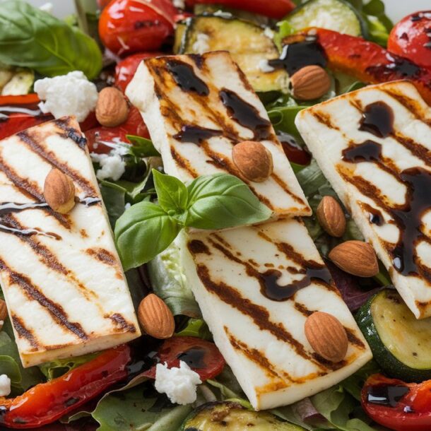 Grilled Halloumi and Roasted Vegetable Salad - great recipe for GLP1 meal plan